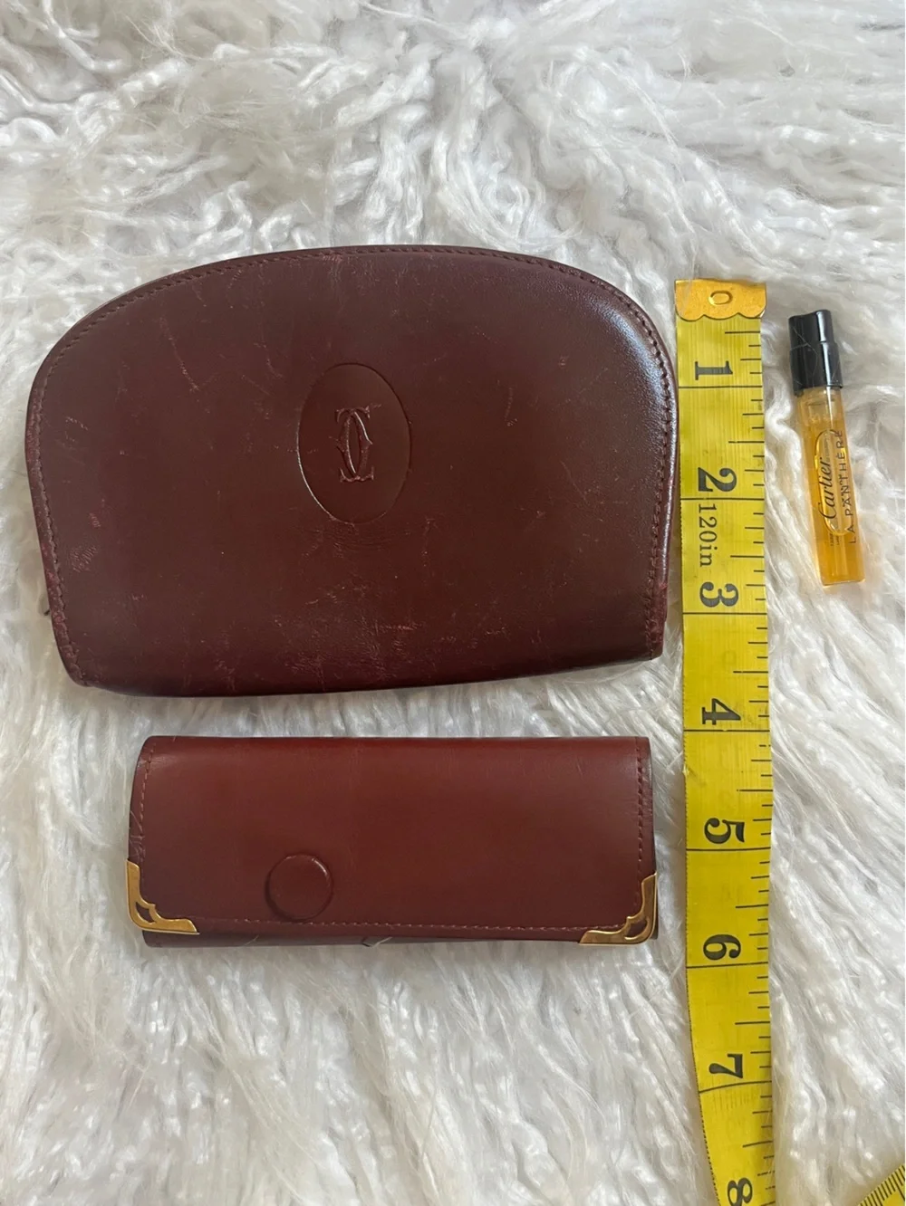 Cartier Burgundy and Gold Leather Key Case, wallet & perfum sample bundle